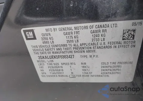 2015 GMC Terrain Denali z USA, uszkodzony, nr VIN 2GKALUEK5F6363427